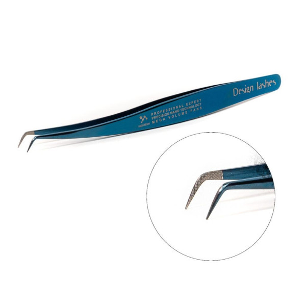 Пінцет для нарощування вій L 6 mm з Nano напиленням Design Lashes, синій (20)