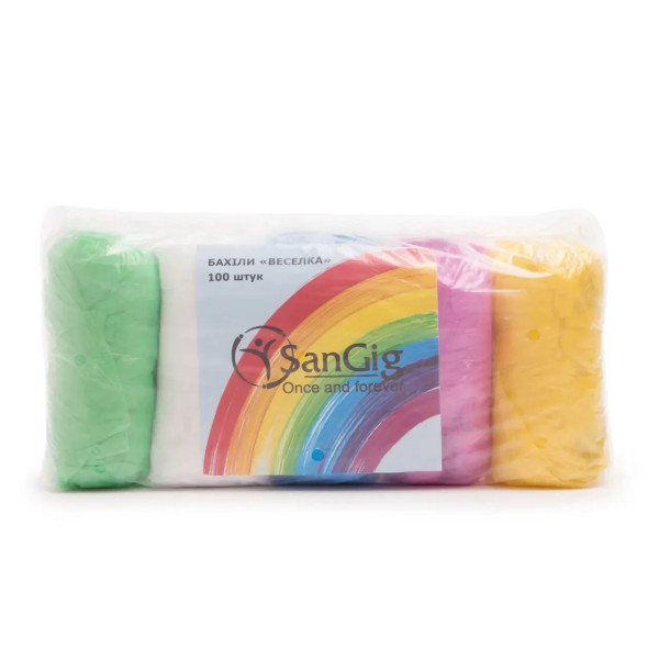 Бахіли різнокольорові SanGig, 100 шт "Веселка" (5 кольорів в упаковці) Бахіли різнокольорові SanGig, 100 шт "Веселка" (5 кольорів в упаковці)
