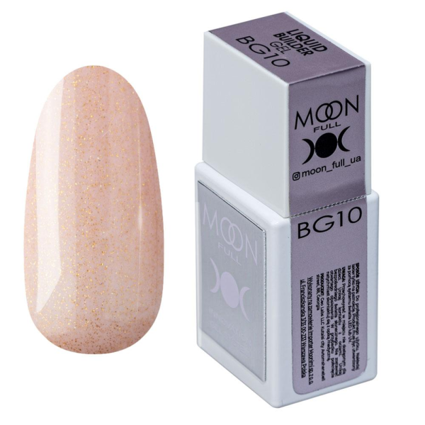 Моделюючий рідкий гель Moon Full Amazing Liquid Builder Gel №BG10 (бежевий із золотою поталлю), 15 мл