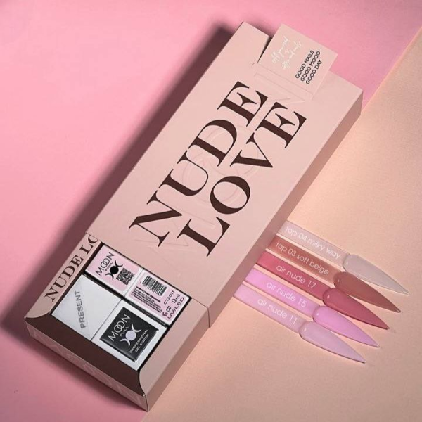 Лімітований набір Moon Full NUDE LOVE №2 (3 гель лаки, 2 топи + NON-WIPE з UV-filter у подарунок)