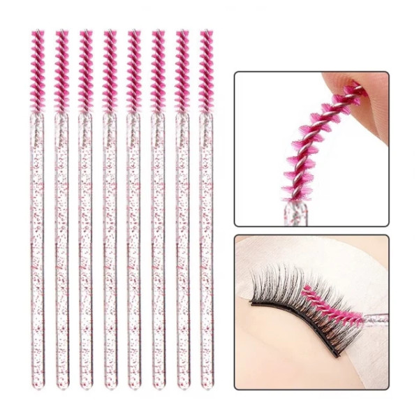 Щіточки для вій та брів тонкі, 50 шт (малиновий глітер)